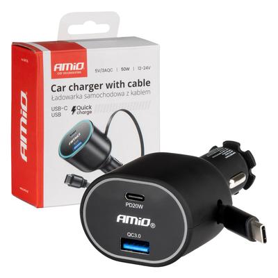 Ātrais auto lādētājs QC3.0 ar ievelkamu USB-C 30 W kabeli, PD20W