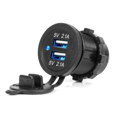 Ūdensizturīgs telefona lādētājs 12/24 V ar zilu LED indikatoru, 4,2 A, 2×USB