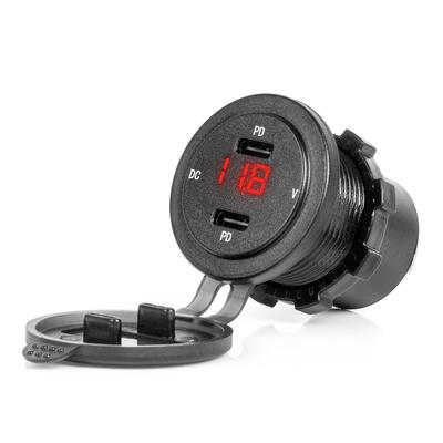 Ūdensizturīgs telefona lādētājs 12/24 V ar sarkanu LED indikatoru un digitālo voltmetru, 2×USB-C