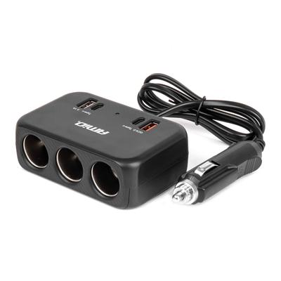 Trīsvietīgs auto ligzdu sadalītājs ar 2×USB-A un USB-C 12/24 V 120 W, 70 cm