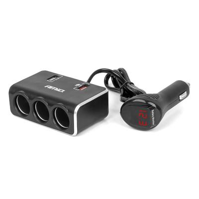 Trīsvietīgs auto ligzdu sadalītājs ar digitālo displeju un 2×USB-A QC3.0 12/24 V 120 W, 80 cm