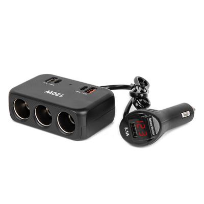 Trīsvietīgs auto ligzdu sadalītājs ar digitālo displeju, 2×USB-A un USB-C QC4.0 12/24 V 120 W, 80 cm
