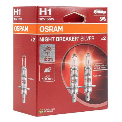 Halogēna spuldzes Osram H1 Night Breaker Silver +100% 12 V 55 W, 2 gab.