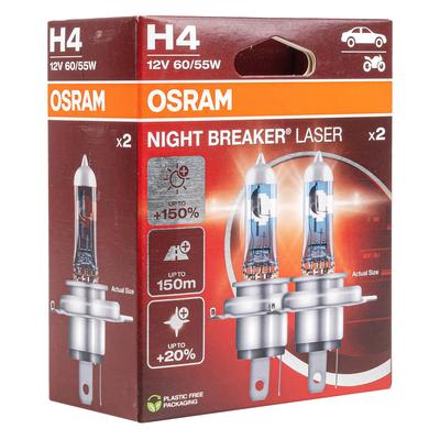 Halogēna spuldzes Osram H4 Night Breaker Laser +150% 12 V 60/55 W, 2 gab.