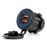 Ūdensizturīgs telefona lādētājs 12/24 V ar zilu LED apgaismojumu, 2×USB QC3.0