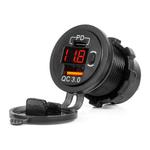 Ūdensizturīgs telefona lādētājs ar slēdzi 12/24 V, sarkanu LED indikatoru un digitālo voltmetru, USB + USB-C QC3.0